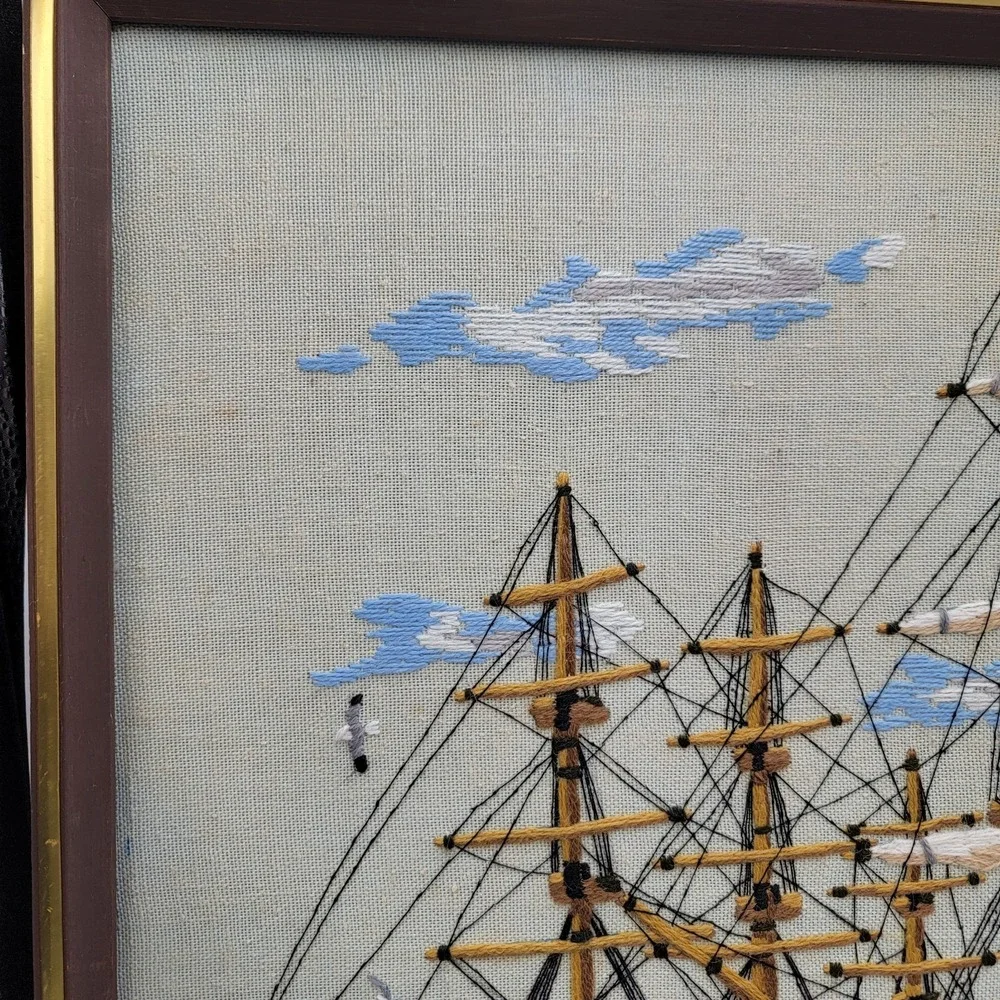 Vtg 70s Crewel Embroidery Harbor Scene Of Clipper Ship Framed Cottagecore Boho